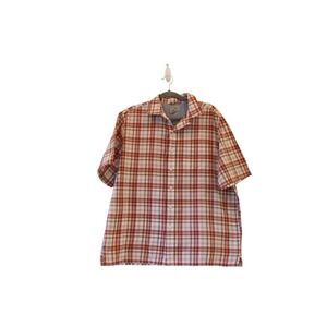 L.L. Bean Plaid Button Down Mens Medium Red Orange Short Sleeve Excellent Cotton